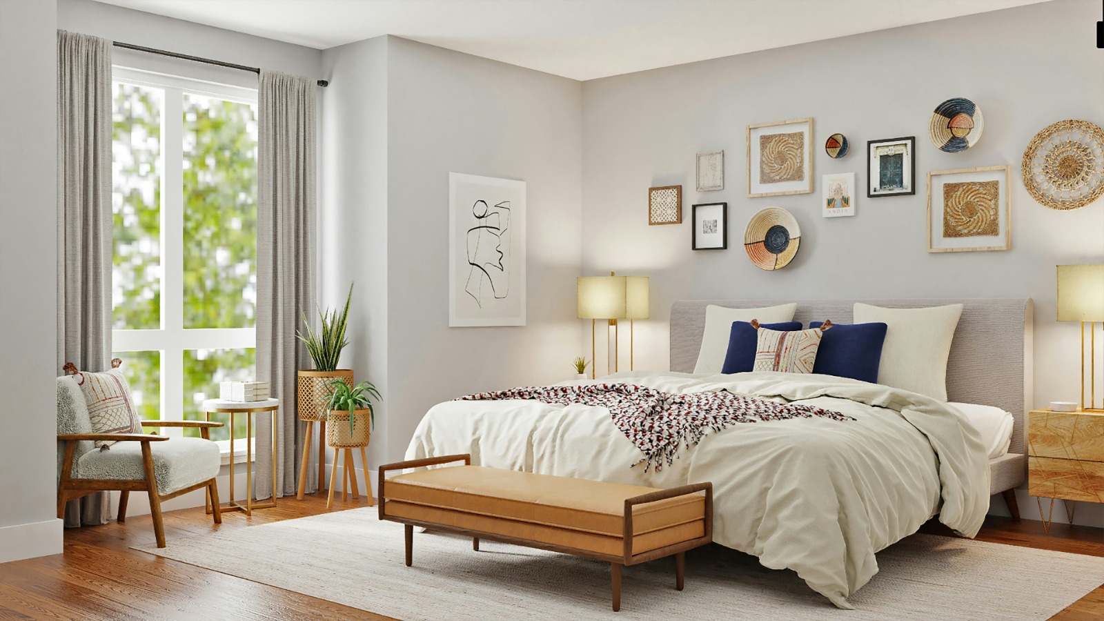 Modern luxury bedroom interior design with wooden flooring, cozy lighting, wall decor, and elegant furniture