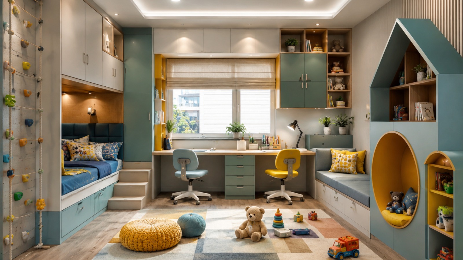 Kids bedroom interior design with study area, modern storage cabinets, colorful seating, play zone, and creative space-saving furniture design.